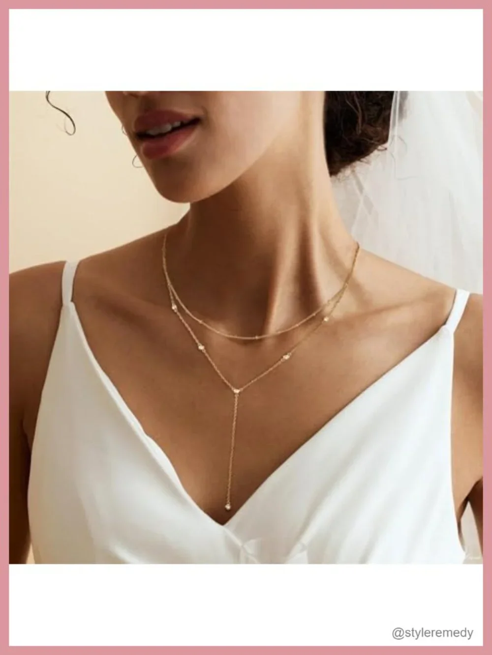 Layered Y-Necklace 14K Gold Plated CZ Dainty Lariat Chain Stack Necklace